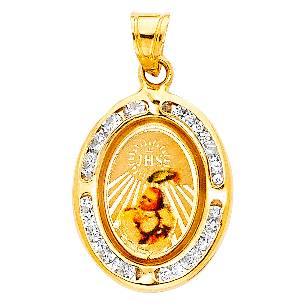 14K Yellow Gold Small Religious Cz Baptism Picture Charm Pendant